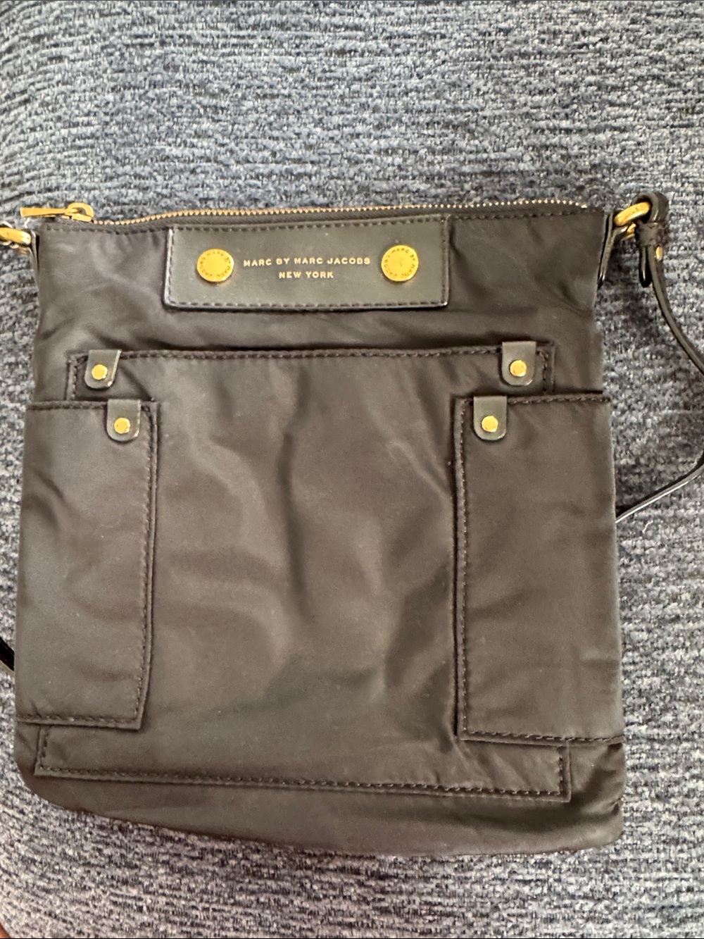 Marc By Marc Jacobs Black Nylon Messenger Crossbody with Gold Accents